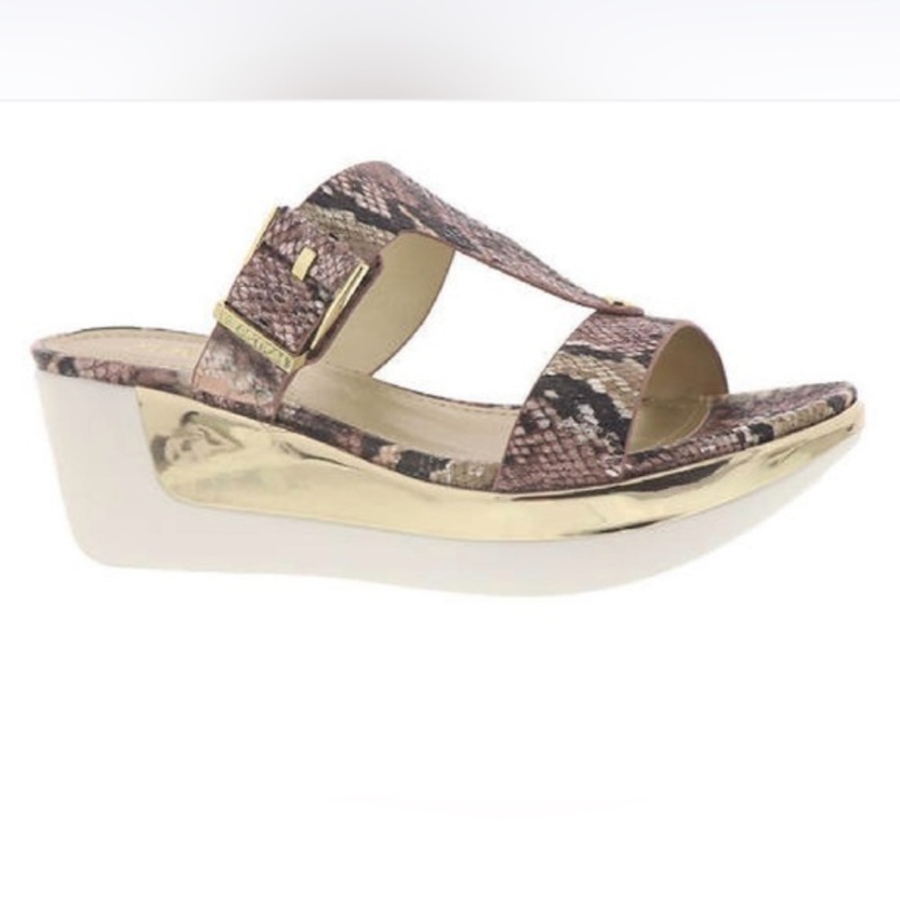 Kenneth Cole Reaction Pepea Buckle Faux Leather Open Toe Wedge Sandals